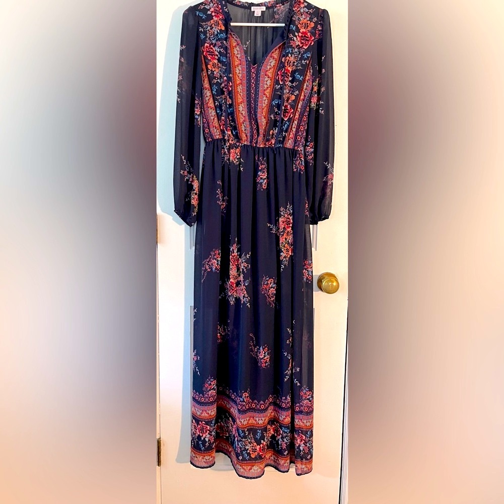 XHILARATION Navy Blue Floral Maxi Dress with Full Sheer Sleeves. Size: (S)